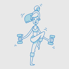Young adult girl vector fitness character. Blue linear woman in the top and leggings with ponytail works out with dumbbells. Perfect for motion graphics