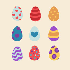 Set of colorful vector Easter eggs. Eggs with heart, dots and stripes. Easy editable colors