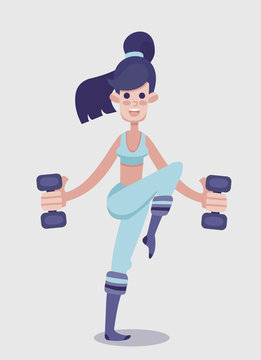 Young adult girl flat vector fitness character. Skinny woman in the blue top and leggings with serenity or violet ponytale works out with dumbbells. Perfect for motion graphics