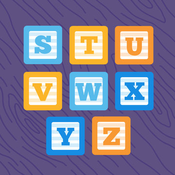 Set of flat vector minimalistic bold alphabet baby blocks. Colorful blue, yellow and orange letter cubes S T U V W X Y Z. Flat vector alphabet baby blocks