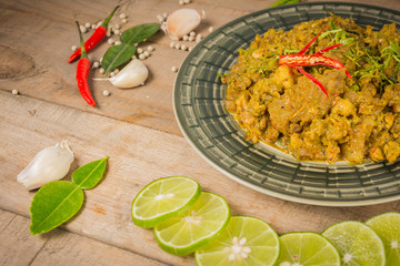 Stir Fried pork with yellow curry paste(khaw-kling). Thai food.