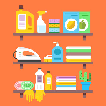 Household goods, household products on shelves. Flat vector illustration