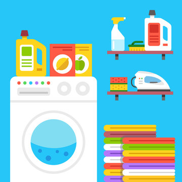 Laundry illustration. Laundry room with washing machine, household products, etc.
