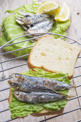 Sandwich Kamut, tapas with sardines, sprats with olives and herb