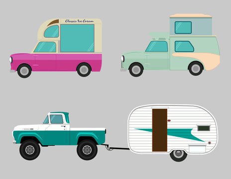 Retro car icon set.  travel. Wagon, ice cream car vector illustration