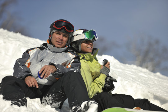 snowboarders couple relaxing