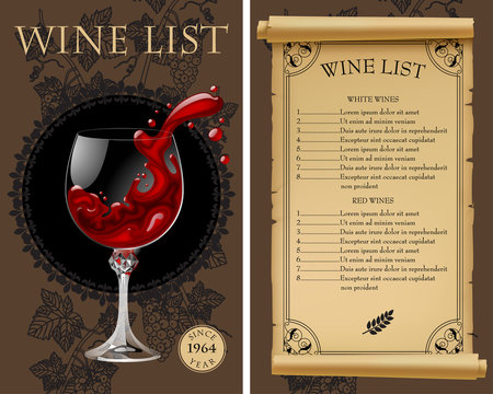 Wine list with old parchment, grapes, bottle and wineglass with