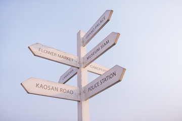 collection of various wooden sign on blue background.