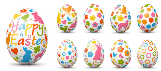 Happy Easter - Vector Ostereier Set mit bunten, fröhlichen Frühlingssymbolen Stil. Verschiedene farbige Variationen. Eier, Frühling, Symbole. Easter Egg Collection - Frohe Ostern Englisch. 