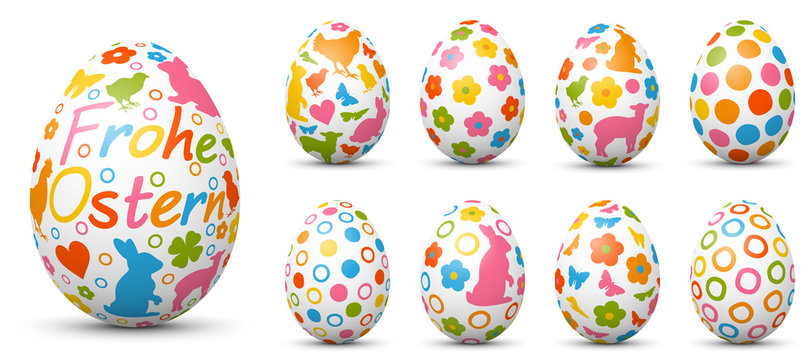 Frohe Ostern - Vector Ostereier Set mit bunten, fr&ouml;hlichen Fr&uuml;hlingssymbolen Stil. Verschiedene farbige Variationen. Eier, Fr&uuml;hling, Symbole - Easter Egg Collection, Set.
