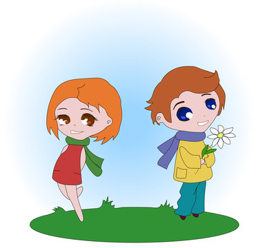 The boy gives flowers to the girl.