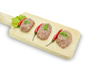 Raw minced pork on cutting board,clipping path