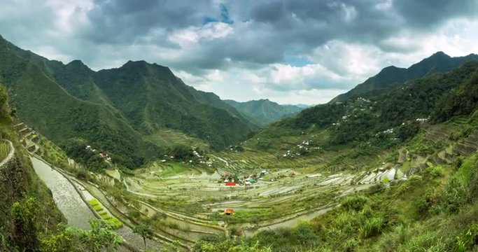 Dramatic timelapse of rice terraces and rural farms in Philippines mountain side