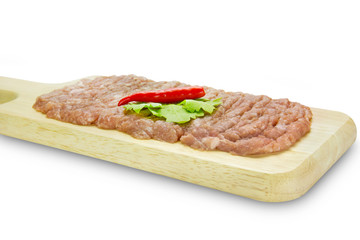Raw minced pork on cutting board,clipping path