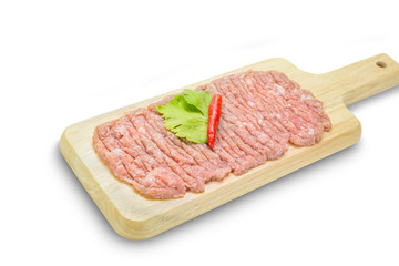 Raw minced pork on cutting board,clipping path