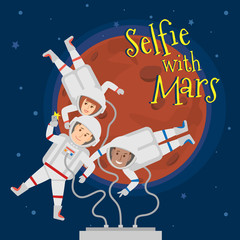 astronauts men and woman in outer space taking selfie portrait with mars .selfie with mars concept illustration