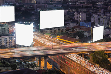 blank billboard or road sign on the highway ,top view Bangkok City at night,