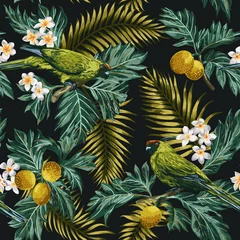 Nahtloses tropisches Muster mit Blättern, Blumen und Papageien. © Lisla