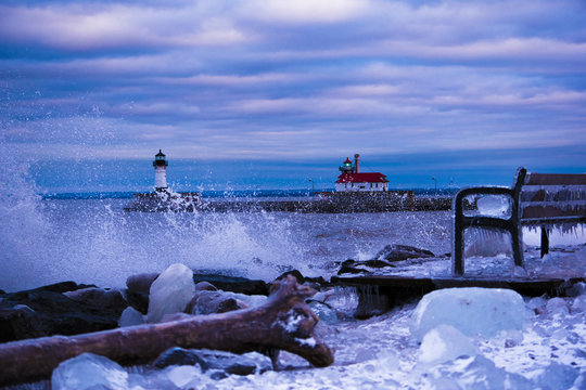 Waves On Lake Superior By Lighthouse