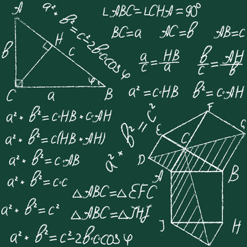 Hand drawn math education vector seamless pattern with geometrical figures and formulas. Chalk on a blackboard.