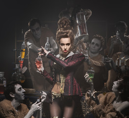 Beautiful woman chooses fresh smell. In the background, perfumers, scientists from the bottles and...