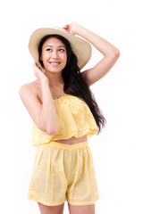 happy, smiling beautiful woman in summer dress looking up