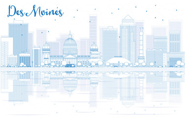 Outline Des Moines skyline with blue buildings and reflections.