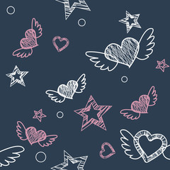 Seamless pattern. Hand drawing with chalk. Stars, hearts, etc.