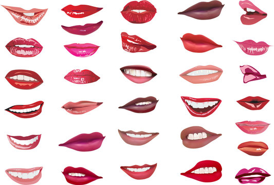 thirty two lips isolated on white background