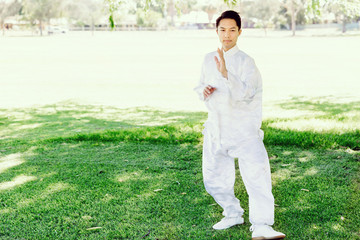 Handsome man practicing thai chi