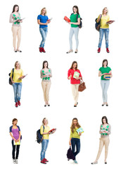 Fototapeta premium Collection of attractive school girls on isolated background.