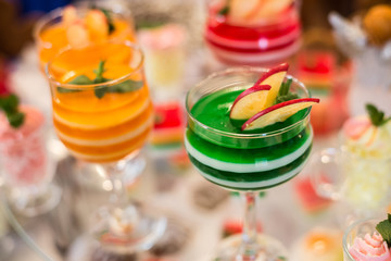 Table with sweets, birthday cake, cocktails, pastries. On the birthday cake name (Ukrainian)