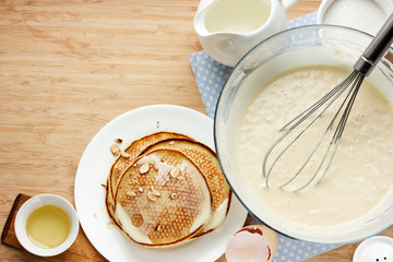 Prepared pancakes for breakfast. Ingredients for making pancakes