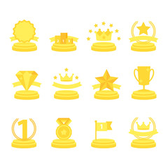 Medal and winner icon set, blank label of first place, flag, star of flat design style, vector illustration.