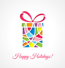 Greeting card template with cut out multicolor gift.