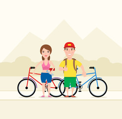 sporty couple man and woman with bikes on landscape background. riding bicycle concept illustration