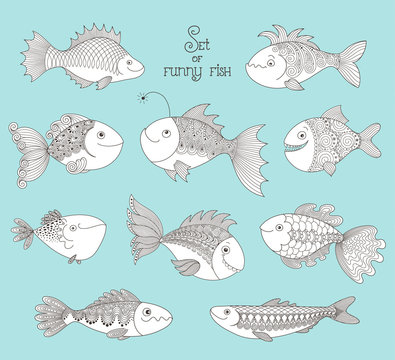 Set of funny pattern fish. Vector contour.
