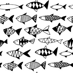 Hand drawn fish pattern seamless.