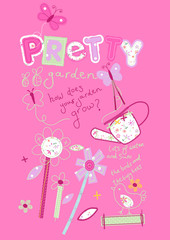 Girls pink pretty garden embroidery illustration
