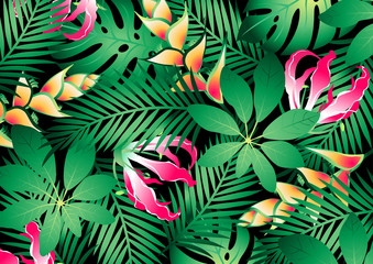 Lush tropical flowers and plants background