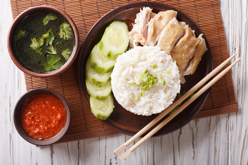 Hainanese chicken rice closeup on a plate. Horizontal top view
