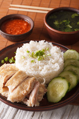 Hainanese chicken rice close-up, chili sauce and broth. vertical
