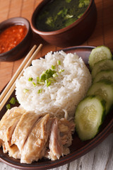 Hainanese chicken rice with cucumber close-up and broth. vertical
