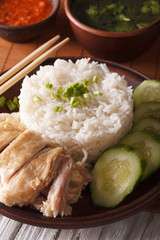 Hainanese chicken rice with cucumber closeup on a plate. vertical
