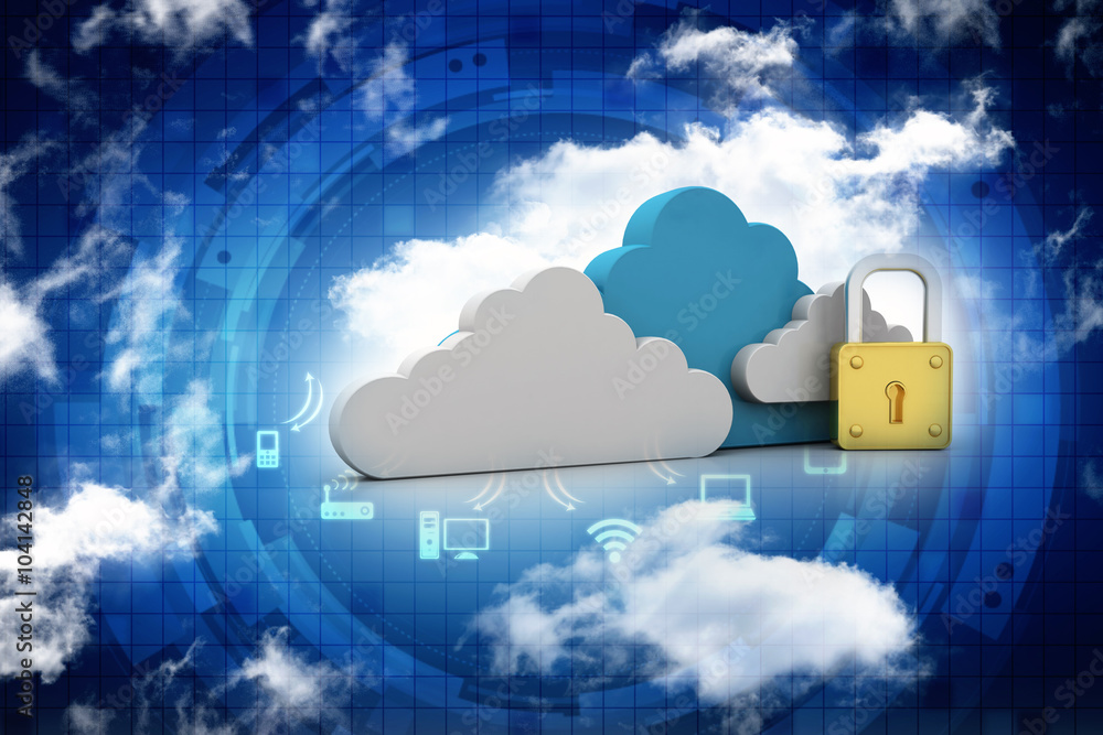 Poster 3d rendering Cloud computing, security