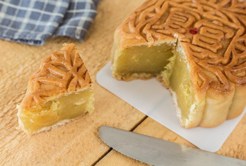 Moon cake on wooden background