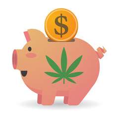 Isolated piggy bank with a marijuana leaf