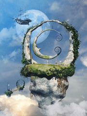 Baśniowa wyspa w chmurach i latający statek na tle księżyca  © Obsidian Fantasy