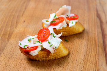 the bruschetta juicy tomatoes on fresh bread