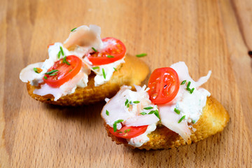 the bruschetta juicy tomatoes on fresh bread